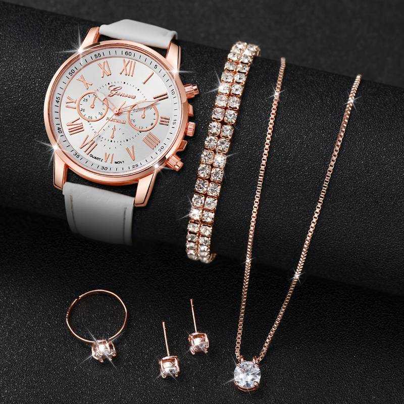 Frauen Schmuckset | Armbanduhr, Armband, Halskette, Ring, Ohrstecker | Rosé