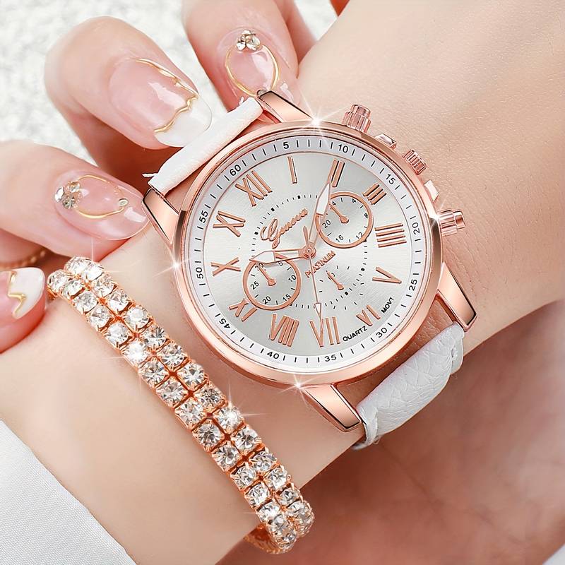 Frauen Schmuckset | Armbanduhr, Armband, Halskette, Ring, Ohrstecker | Rosé